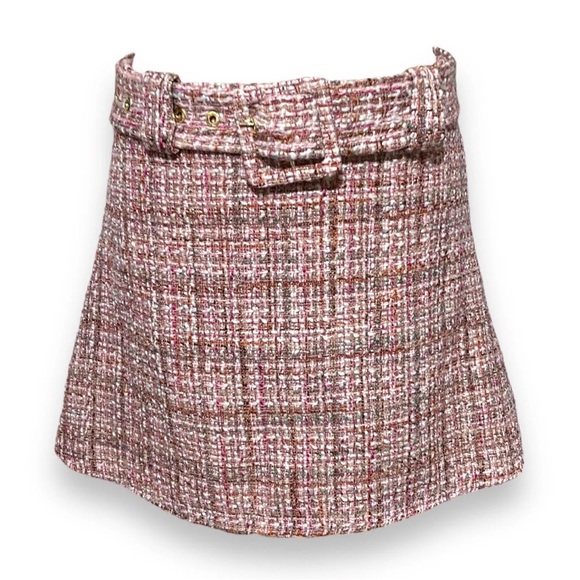 Zara Skirt Pink Tweed Boucle Belted Mini Short Preppy Medium - Picture 11 of 11